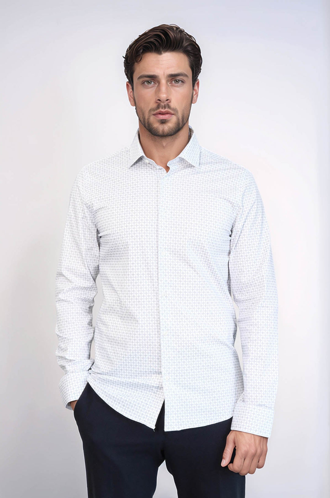 WSS Houndstooth Pattern Slim Fit White Men Shirt  - Lugoj