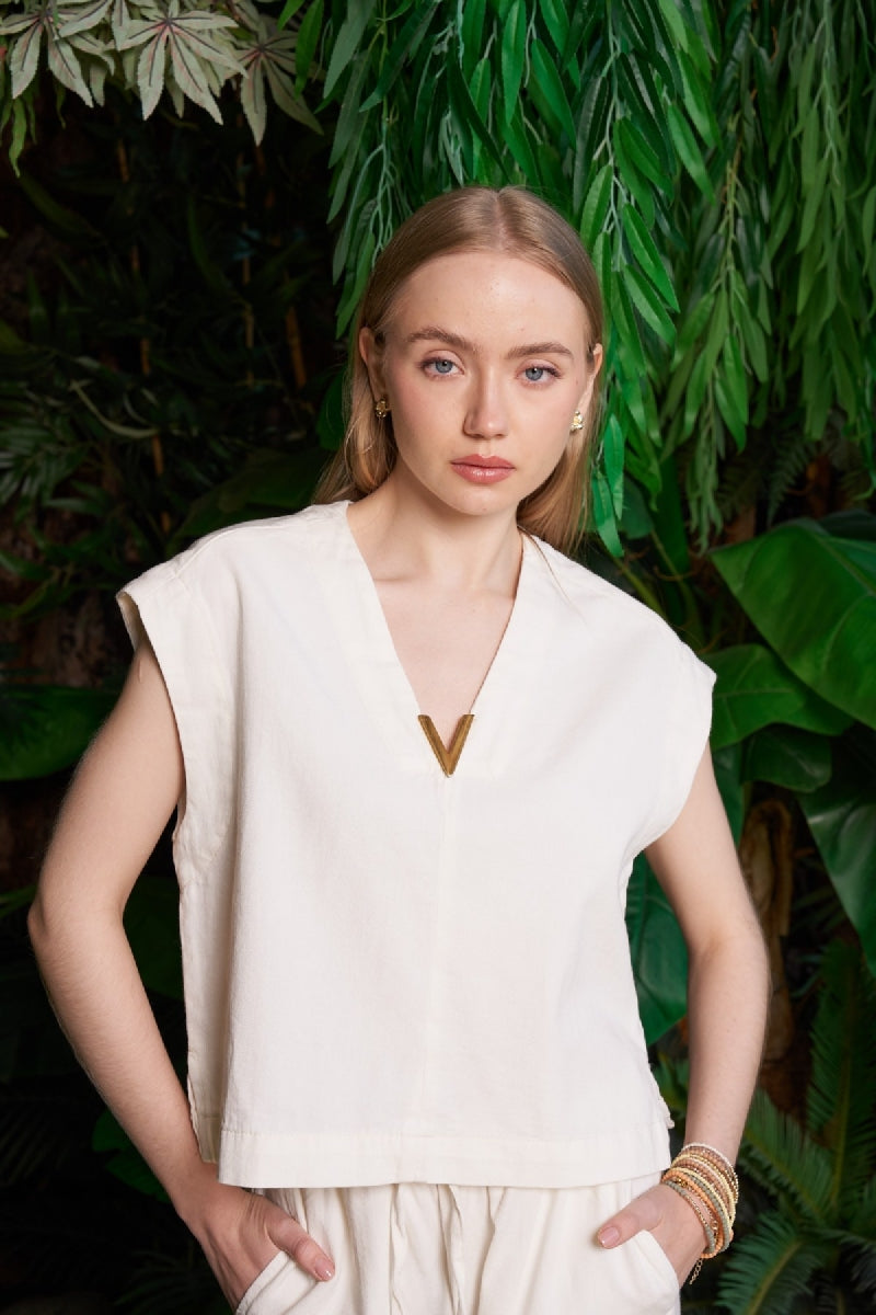 XLJ V Neck Linen Blouse Mixed - Roanne