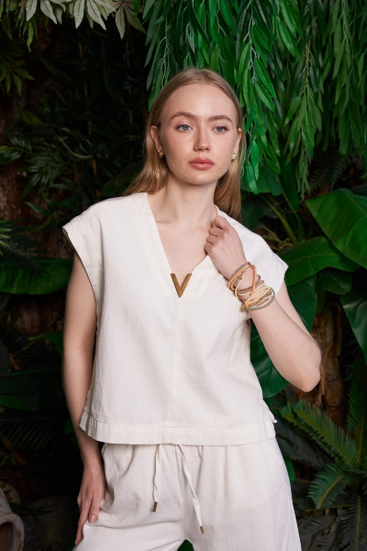 XLJ V Neck Linen Blouse Mixed - Roanne