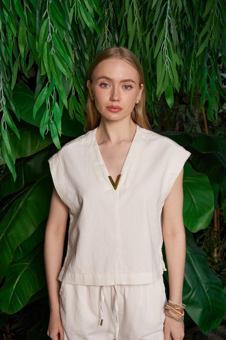 XLJ V Neck Linen Blouse Mixed - Roanne