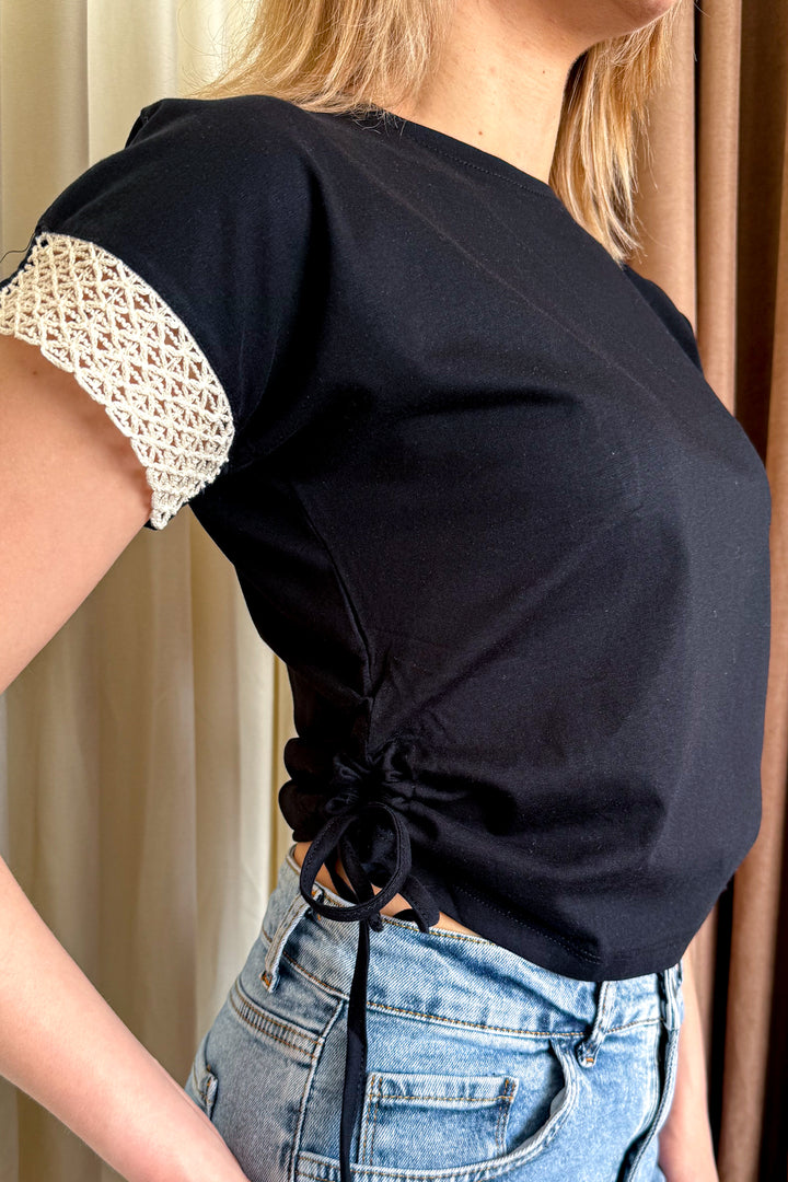 MPL Women's Arm Lace Trim Side Ruched Crop Blouse 5683 - Stakhanov