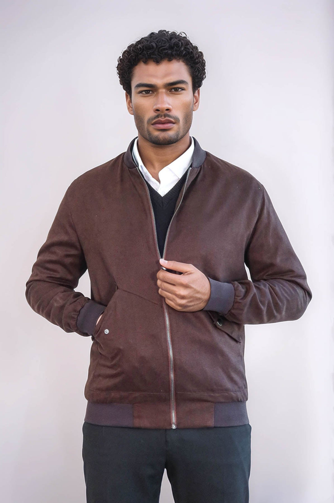 WSS Flap Pockets Suede Brown Men Bomber Coat  - Beauvais