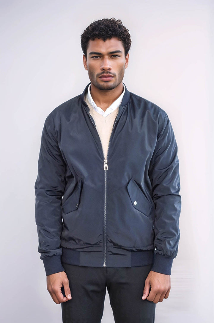 WSS Zippered Flap Pockets Navy Blue Men Bomber Coat  - Civitavecchia
