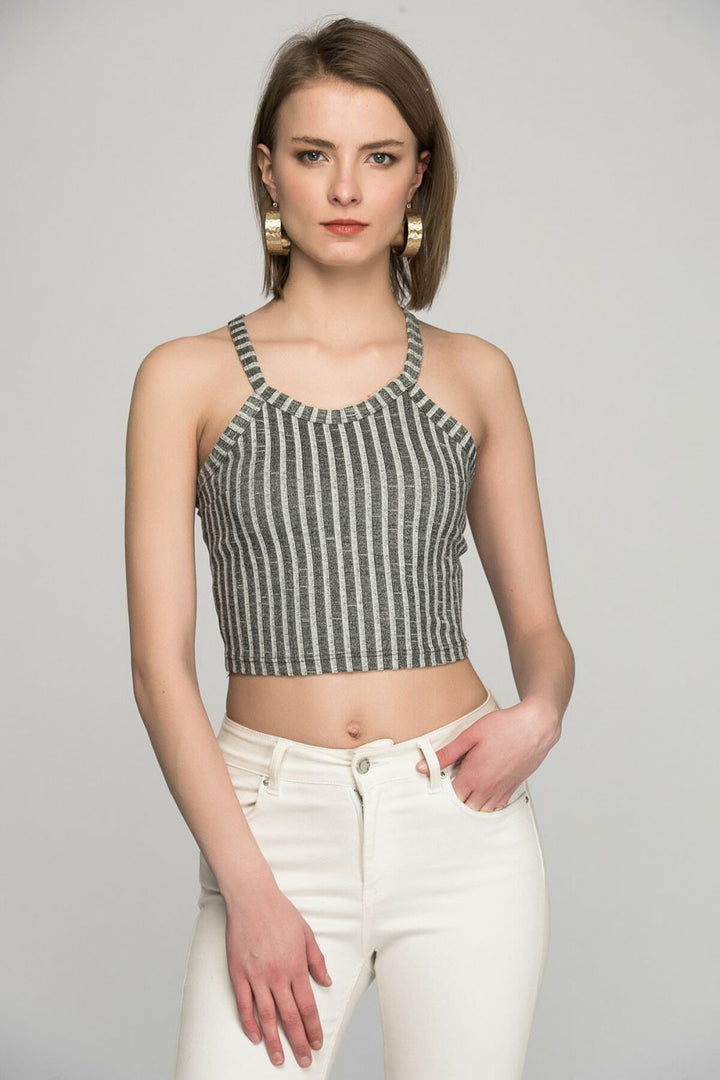 SNS Satin Bustier Anthracite Gray Sleeveless Ribbed Blouse - Cottage Grove