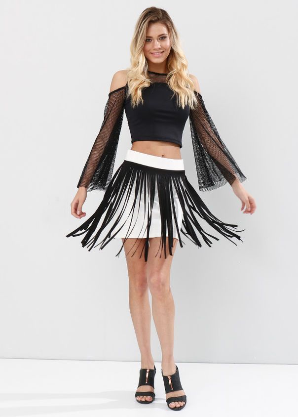 SNS Sense Ecru Short Leather Fringed Steel Skirt - Charleroi