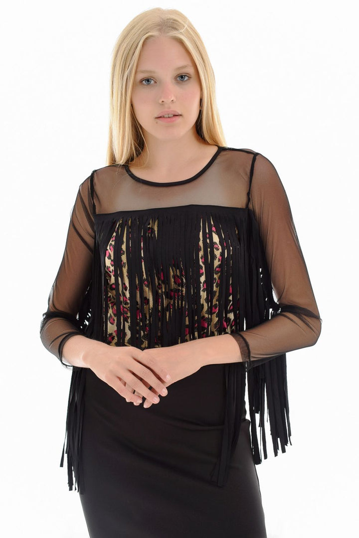 SNS Fuchsia-Black Front and Back Robe Sleeve Mesh and Tassel Blouse - Lawton