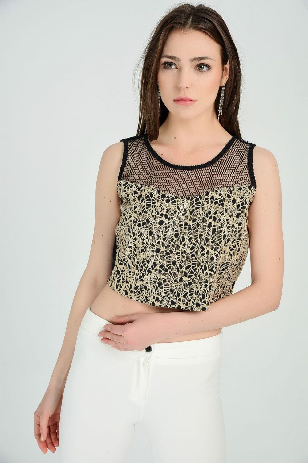 SNS Sense Bustier Gold Blouse - Sequined Short Blouse with Zipper - Bünde
