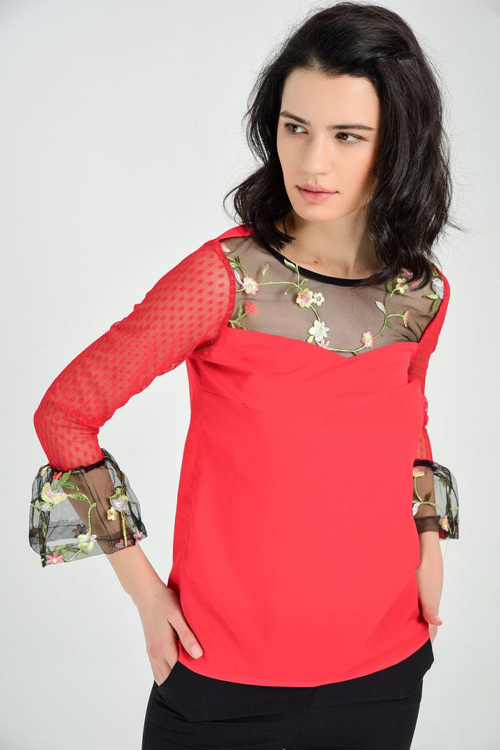 SNS Sense Red Blouse with Polka Dot Tulle Sleeves - Arucas