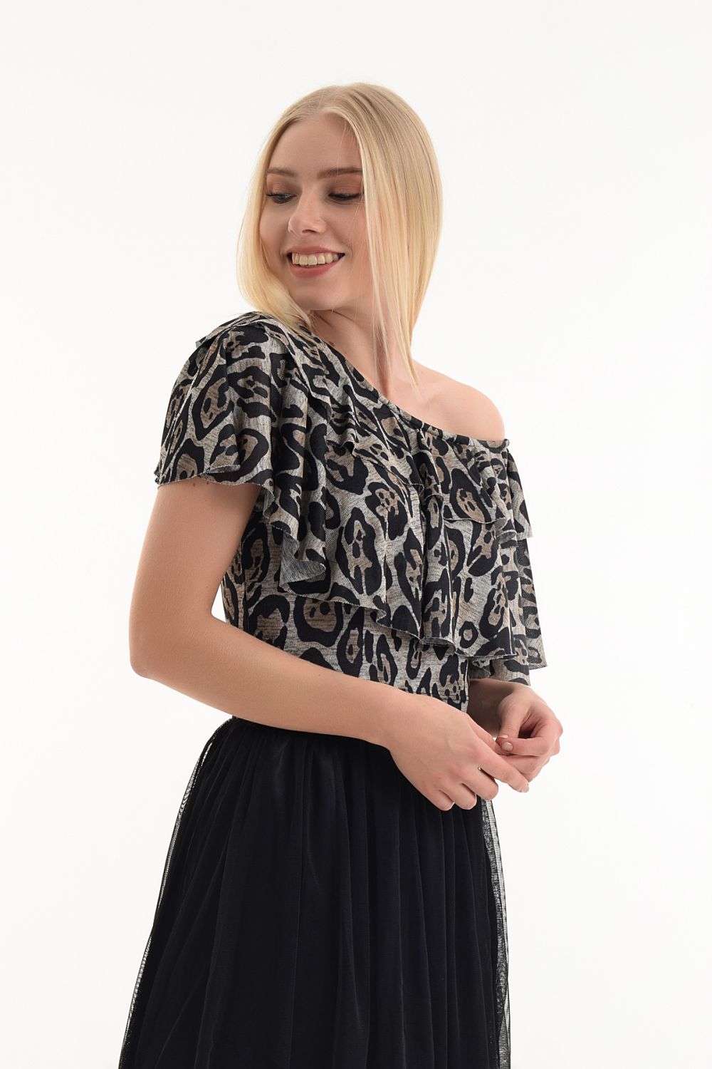 SNS Sense Leopard Print Blouse with Double Ruffles on Shoulders - Burlington