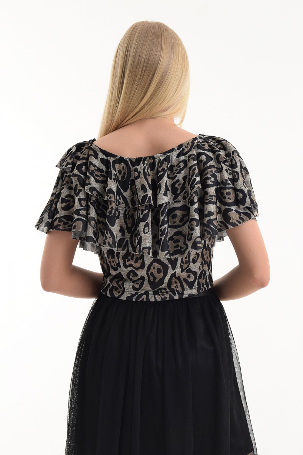 SNS Sense Leopard Print Blouse with Double Ruffles on Shoulders - Burlington
