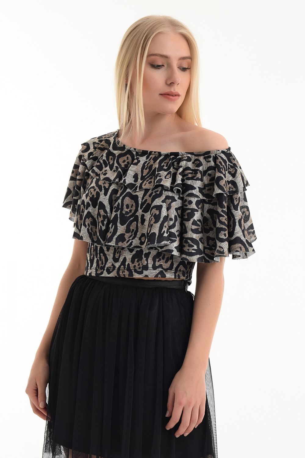SNS Sense Leopard Print Blouse with Double Ruffles on Shoulders - Burlington