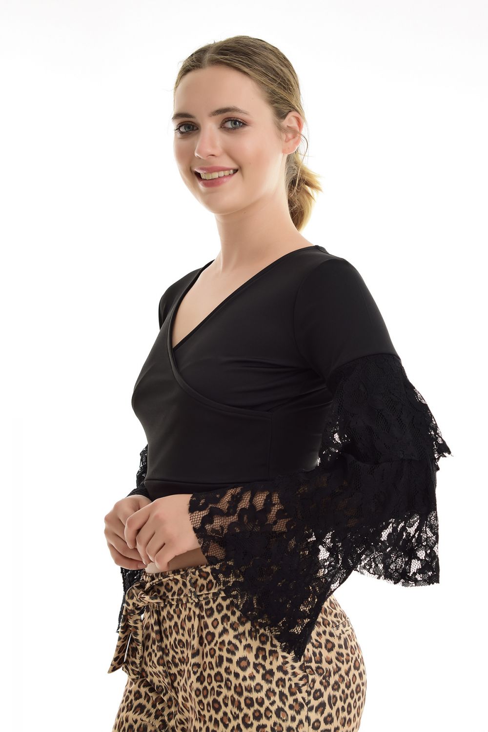 SNS Sense Black Wrap Neck 3/4 Sleeve Ruffle Blouse - Guildford