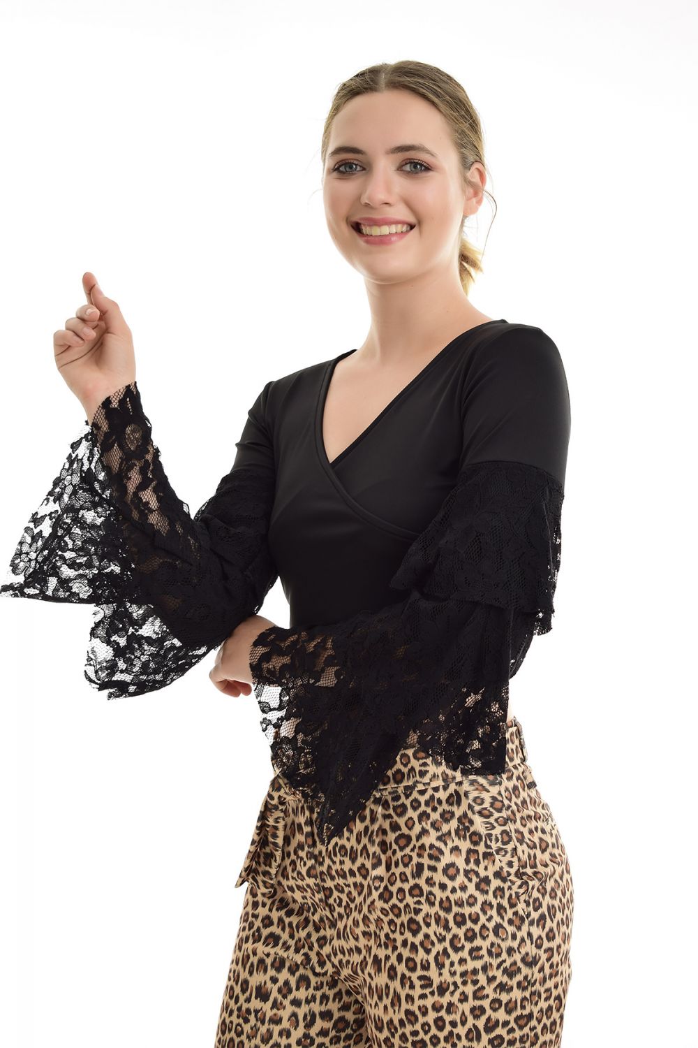 SNS Sense Black Wrap Neck 3/4 Sleeve Ruffle Blouse - Guildford