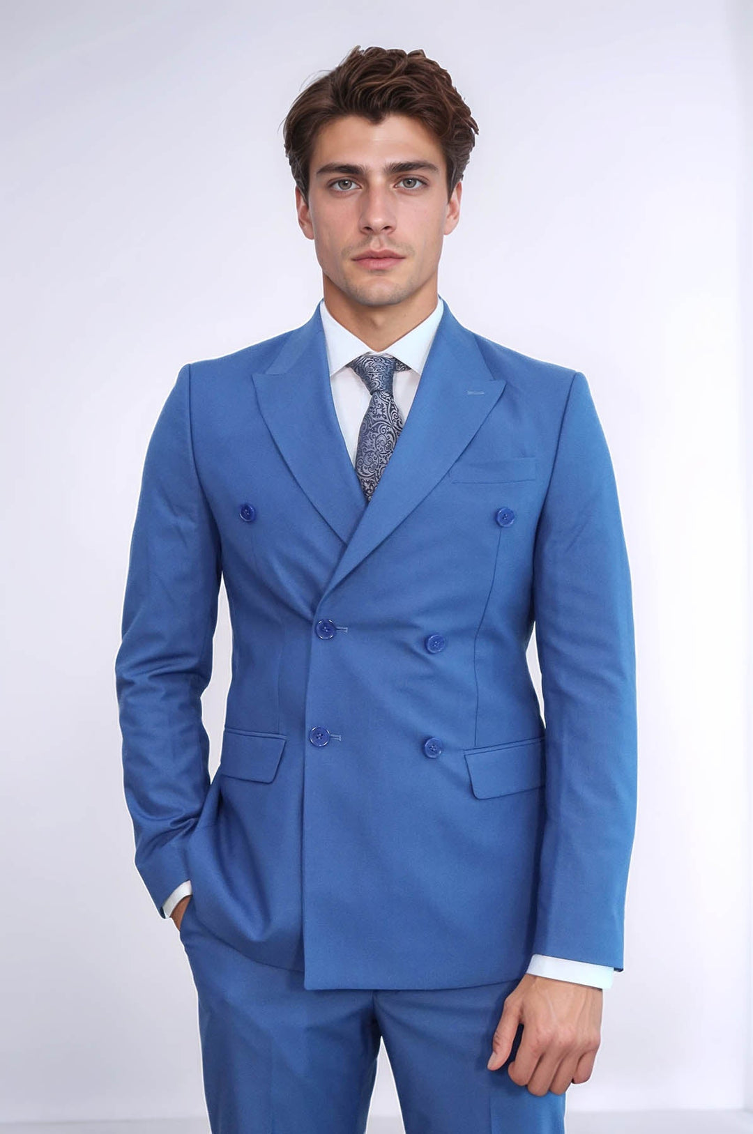 WSS Wide Peak Lapel Striped Slim Fit Blue Men Double-Breasted Suit  - Villena