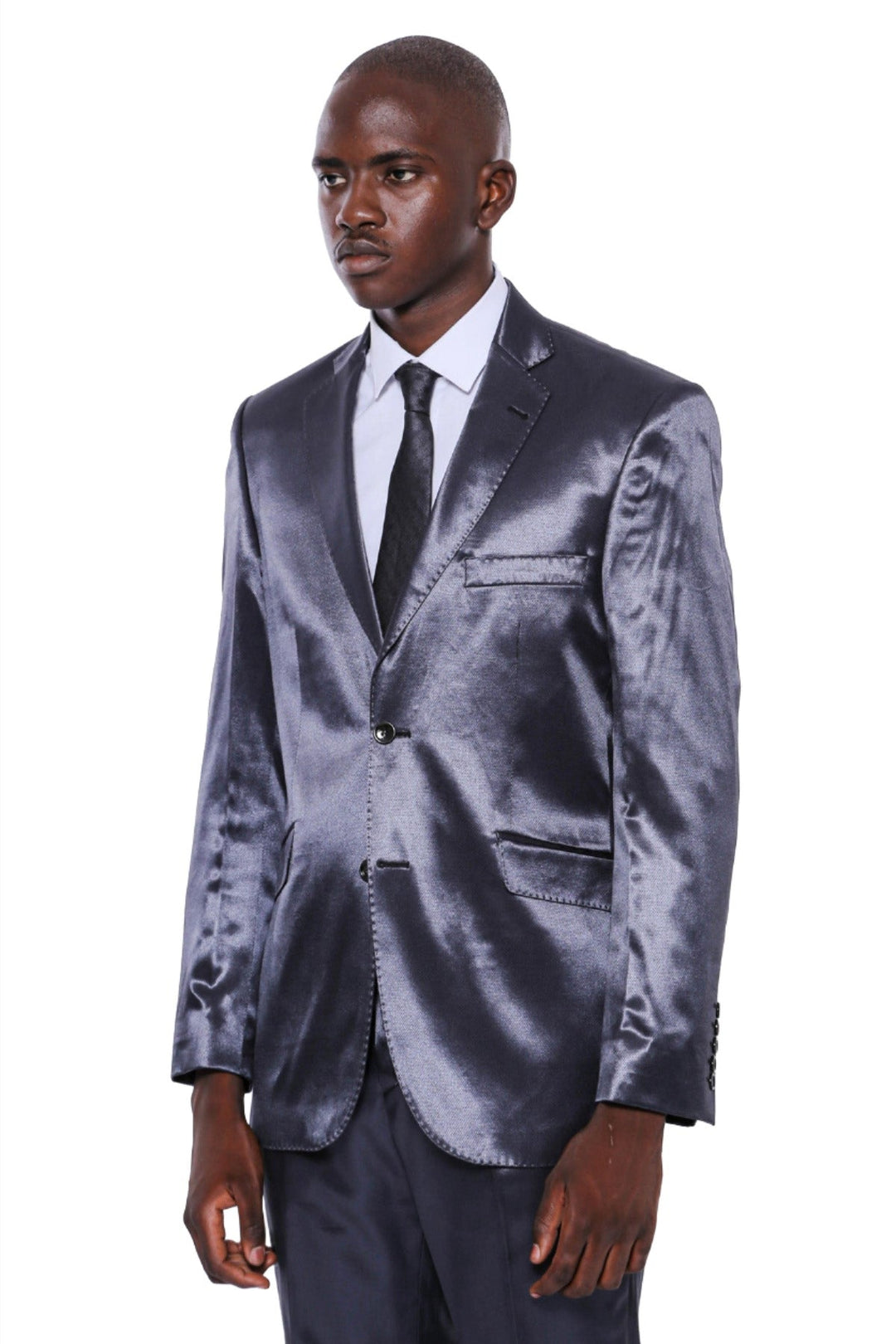 WSS Two Buttons Two Piece Slim Fit Satin Navy Blue Men Suit - McLean