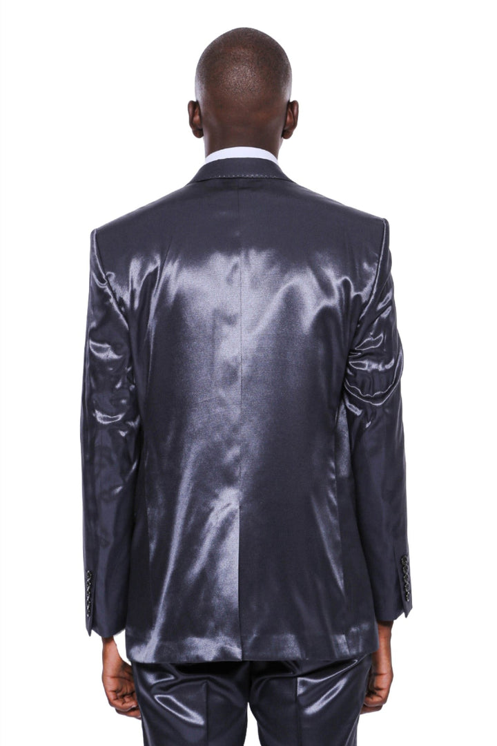 WSS Two Buttons Two Piece Slim Fit Satin Navy Blue Men Suit - McLean