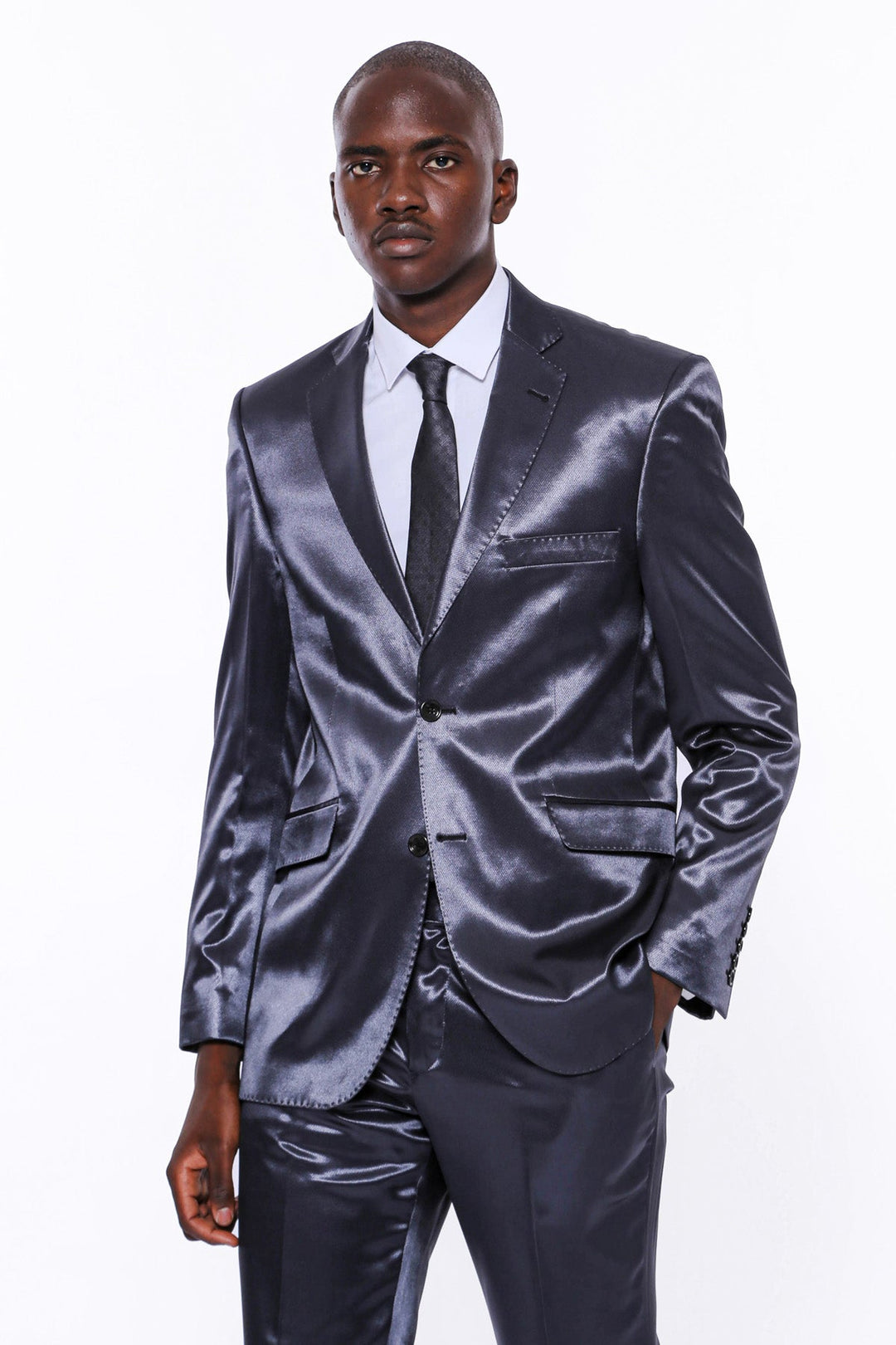 WSS Two Buttons Two Piece Slim Fit Satin Navy Blue Men Suit - McLean