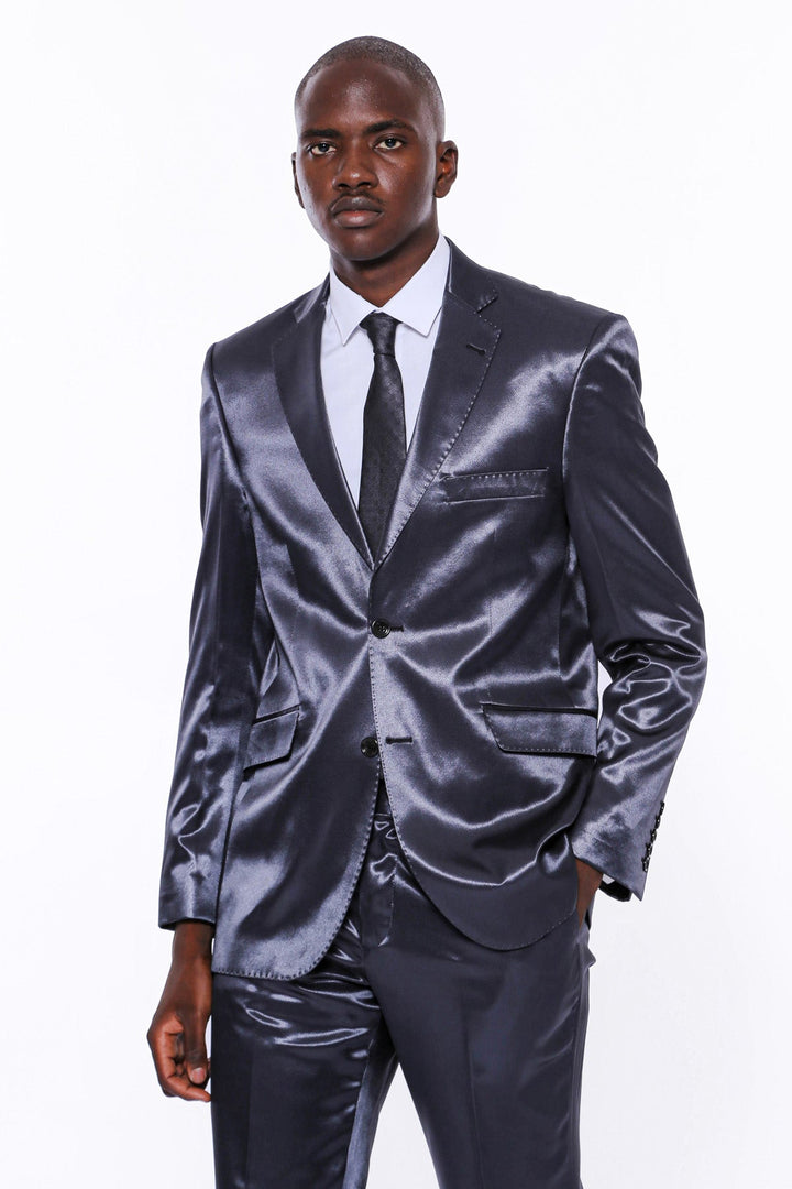 WSS Two Buttons Two Piece Slim Fit Satin Navy Blue Men Suit - McLean