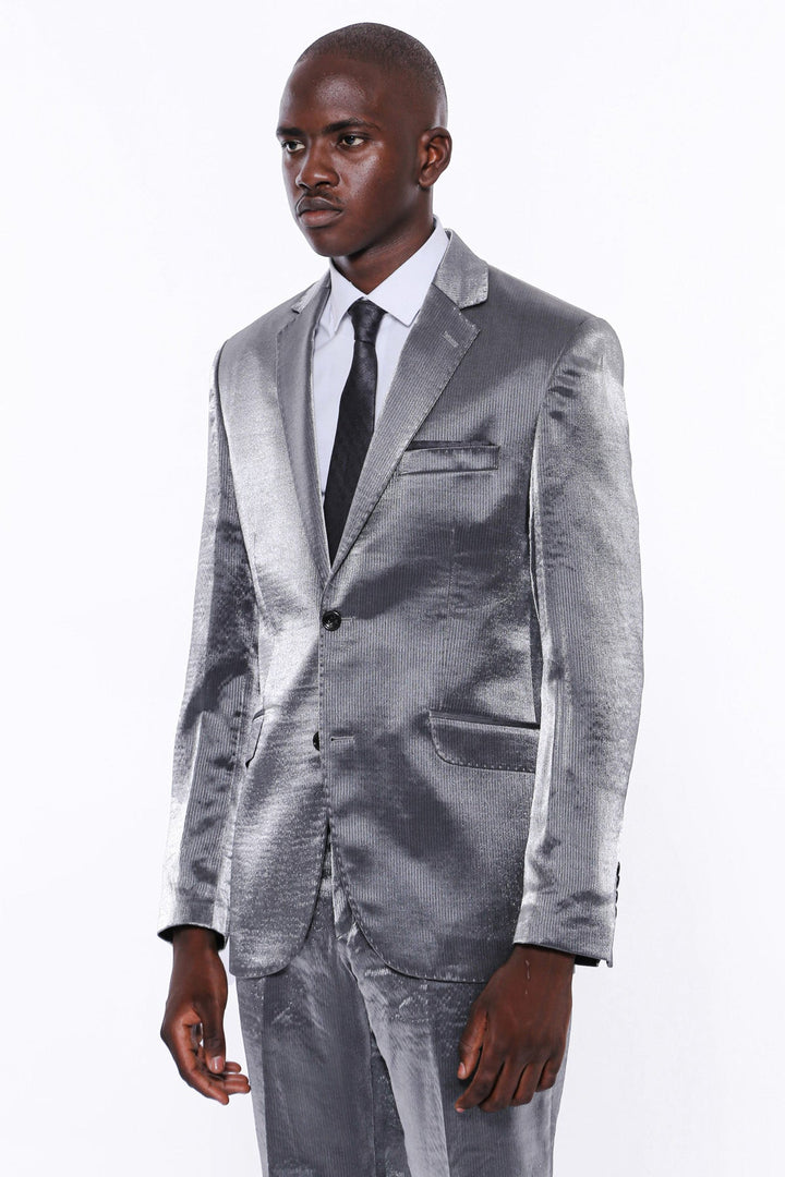 WSS Two Buttons Two Piece Slim Fit Satin Grey Men Suit - Waipahu