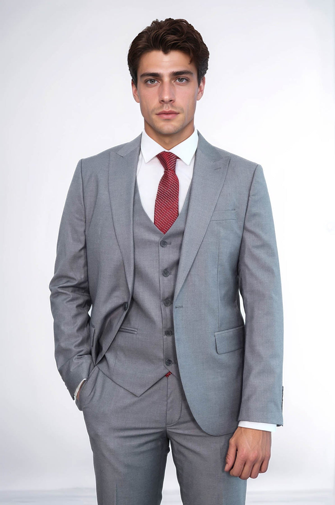 WSS Grey Men's Plain Suit with Vest  - Guiseley