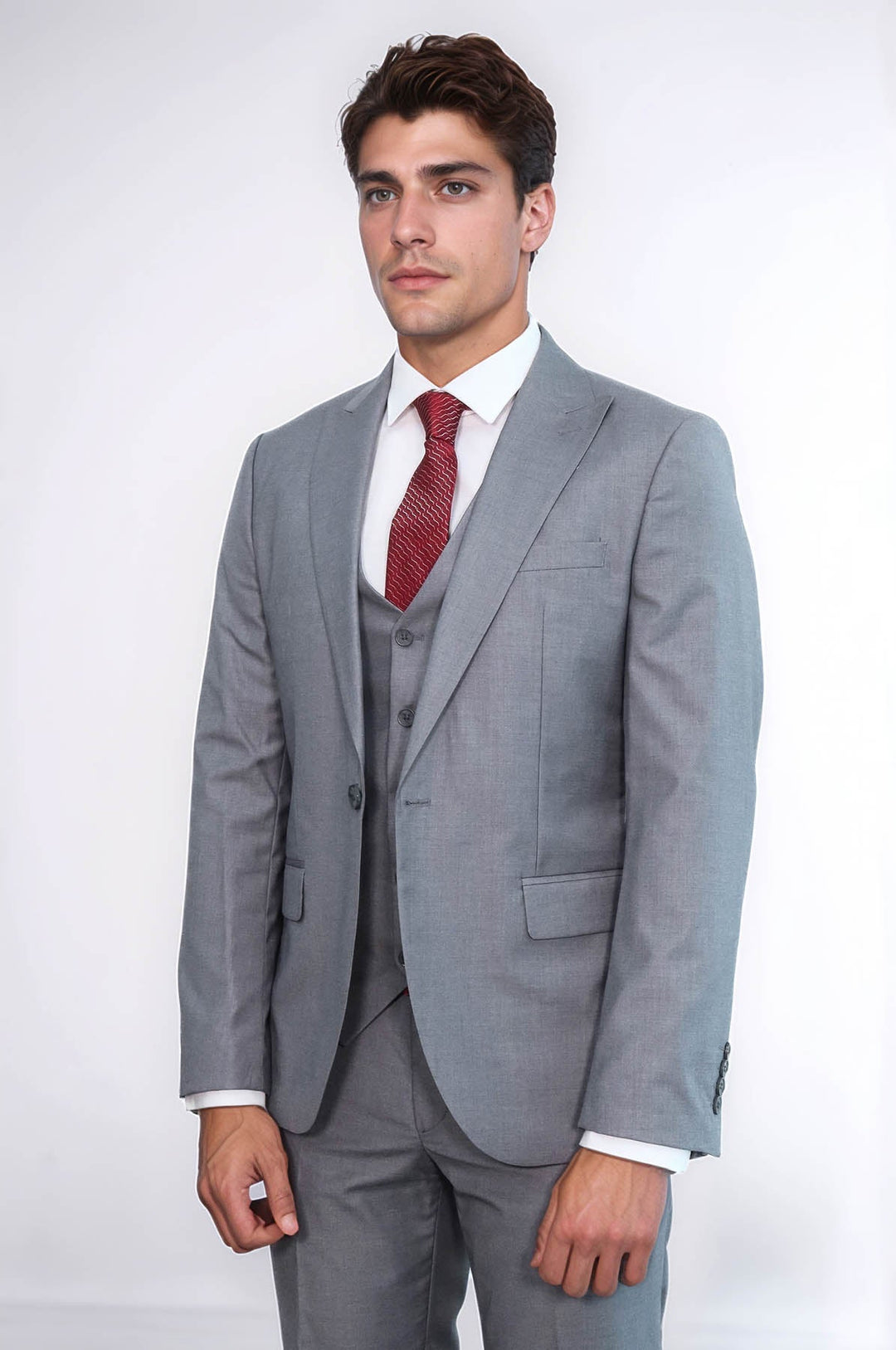 WSS Grey Men's Plain Suit with Vest  - Guiseley