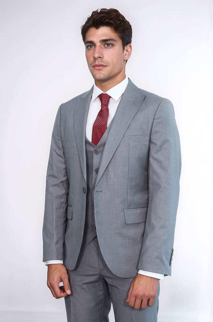 WSS Grey Men's Plain Suit with Vest  - Guiseley