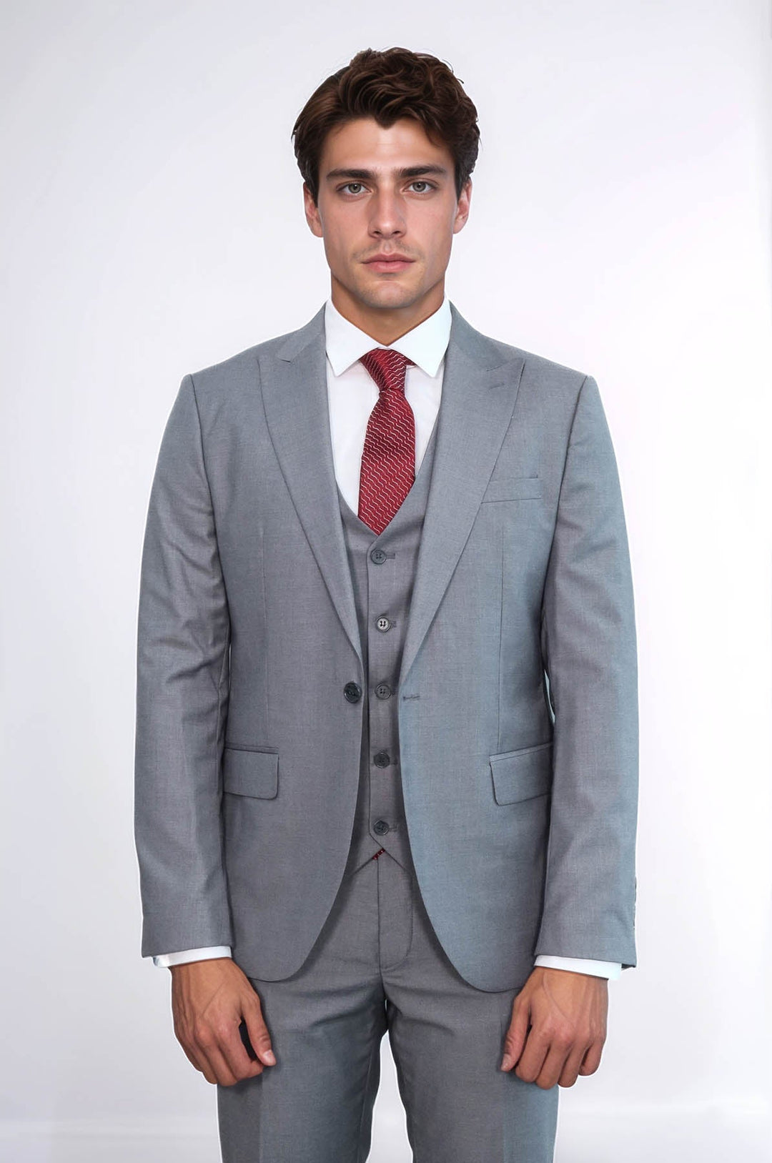 WSS Grey Men's Plain Suit with Vest  - Guiseley