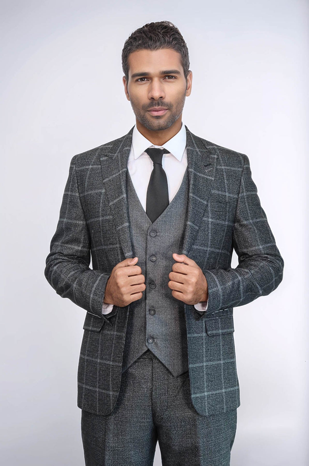 WSS Anthracite  Blue Plaid 3 Piece Slim Fit Suit  - Nizhyn