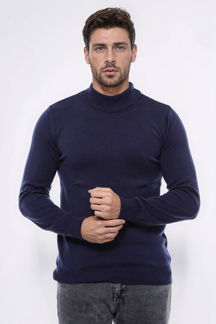 WSS Half Turtleneck Knitwear Navy Blue Men Sweater  - Gondomar