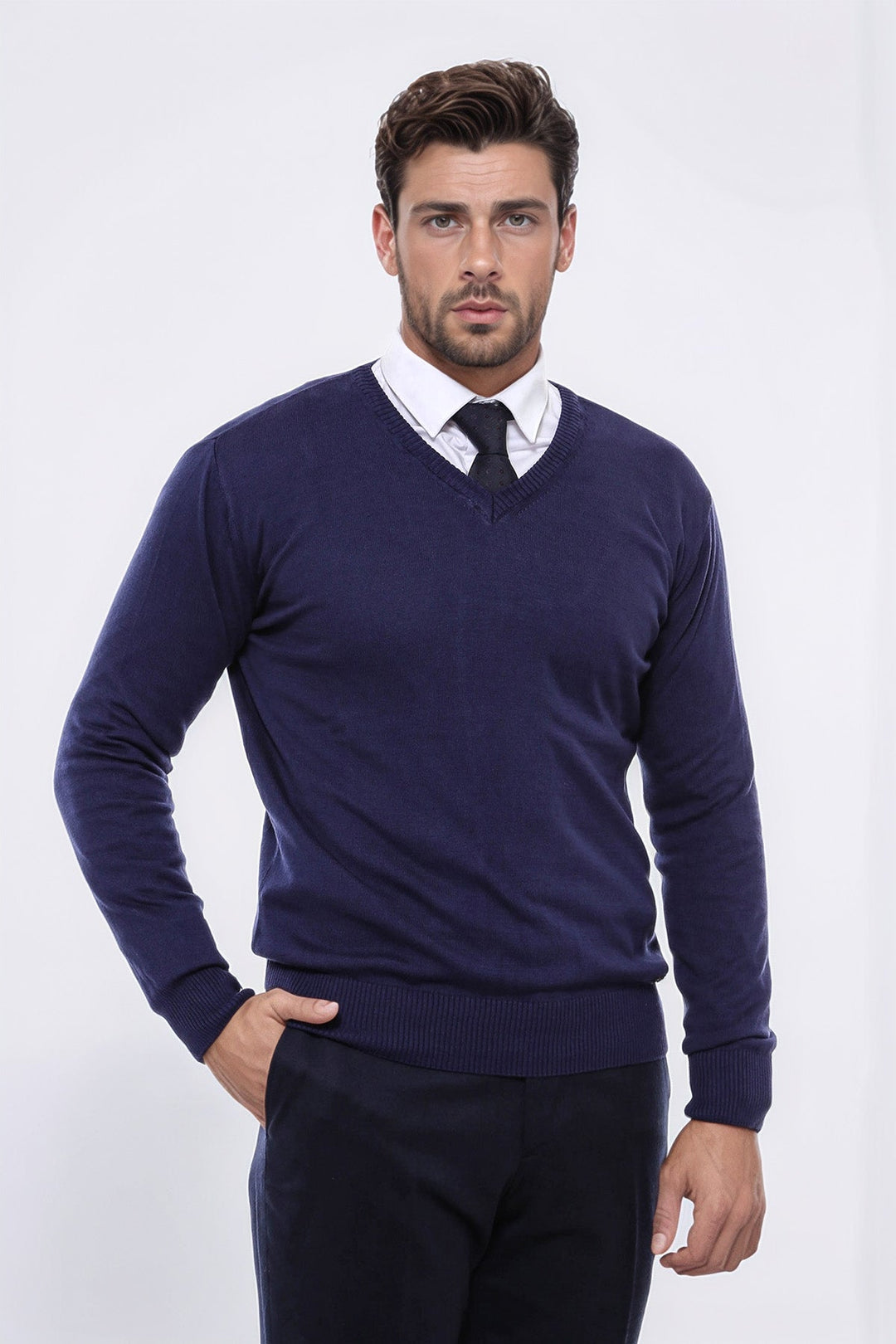 WSS V Neck Navy Blue Men Sweater  - Hattingen