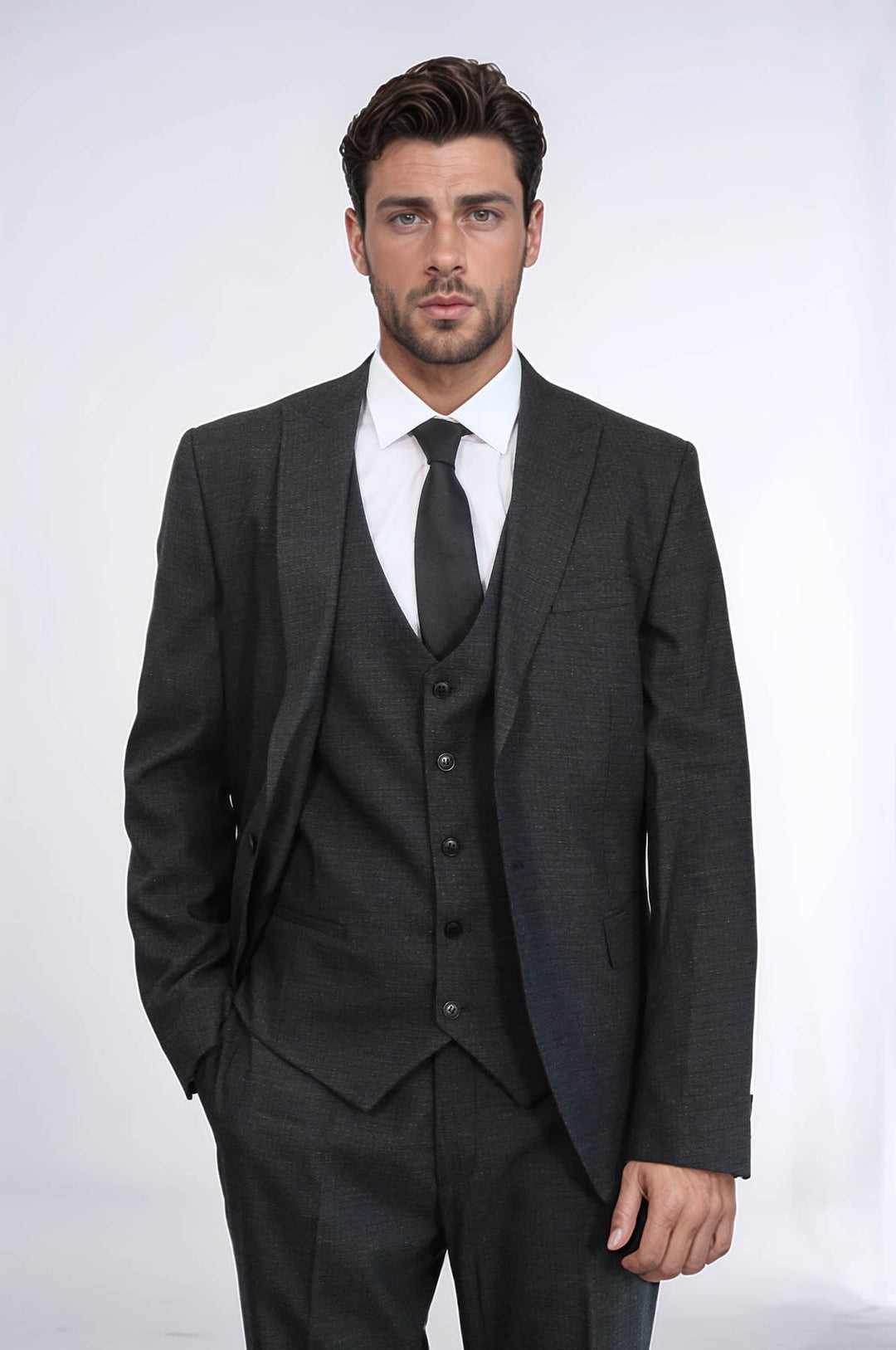 WSS 3 -Piece Single Button Peak Lapel Dark Grey Men Suit  - Igualada