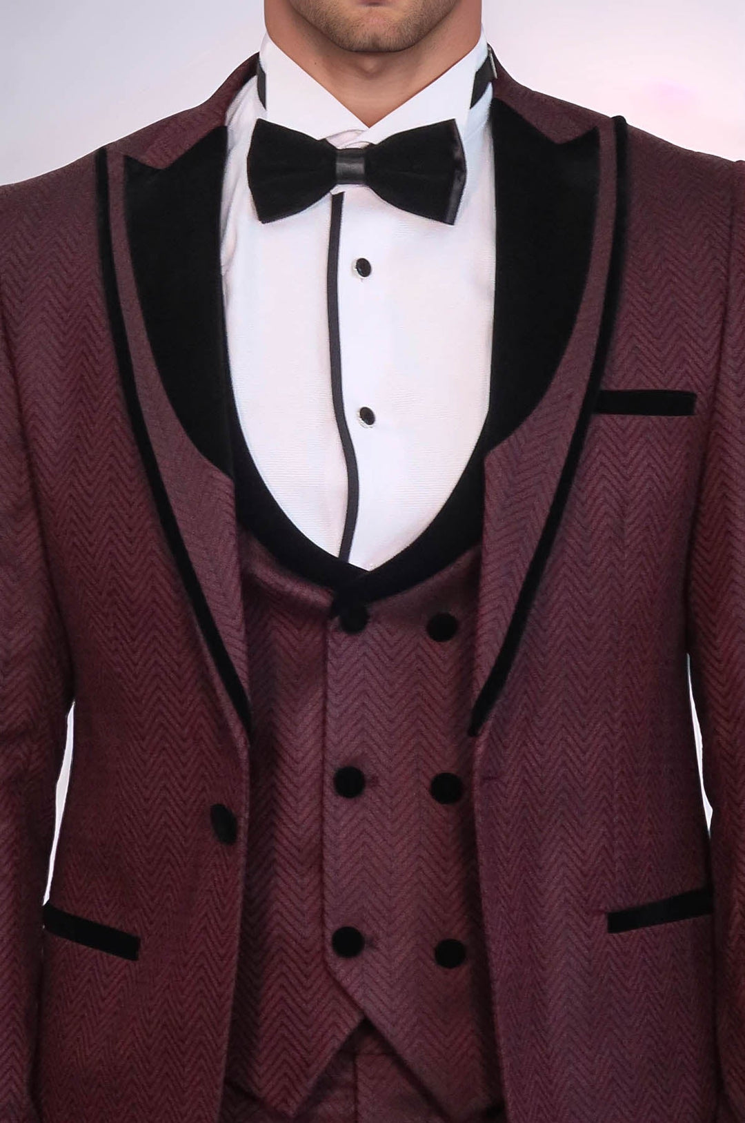 WSS Velvet Lapel Patterned Vested Burgundy Men Tuxedo  - Tezonapa