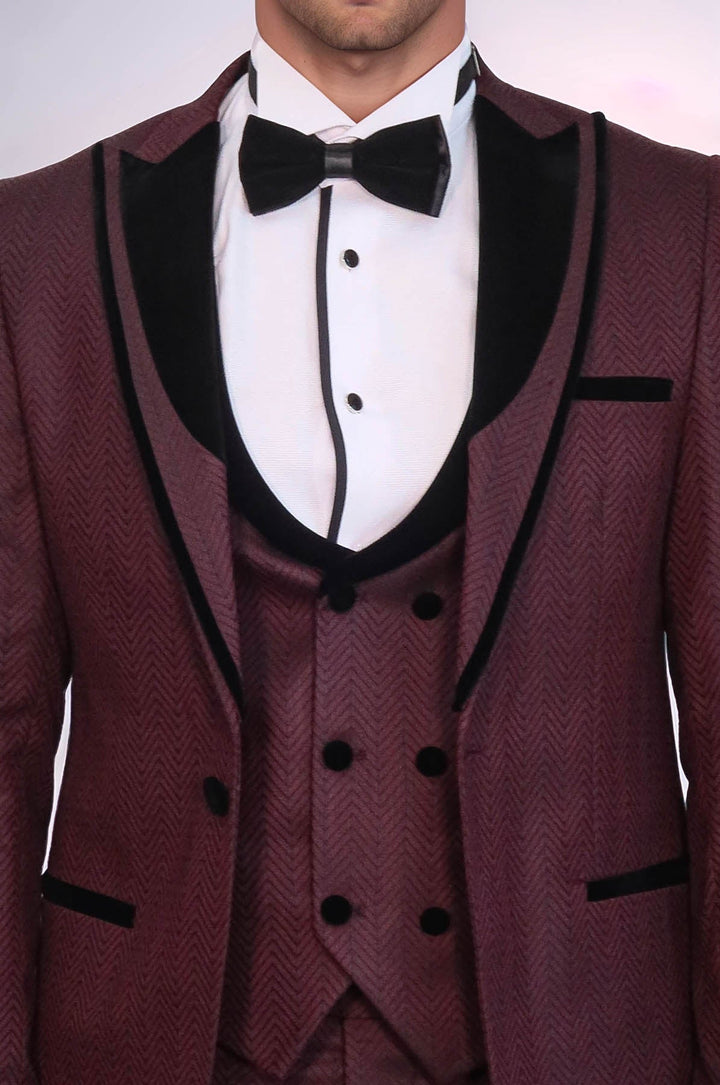 WSS Velvet Lapel Patterned Vested Burgundy Men Tuxedo  - Tezonapa