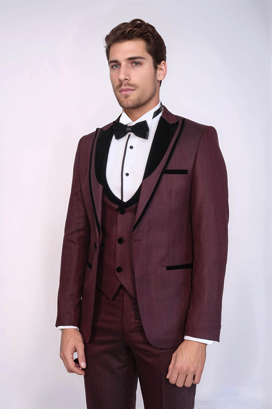 WSS Velvet Lapel Patterned Vested Burgundy Men Tuxedo  - Tezonapa