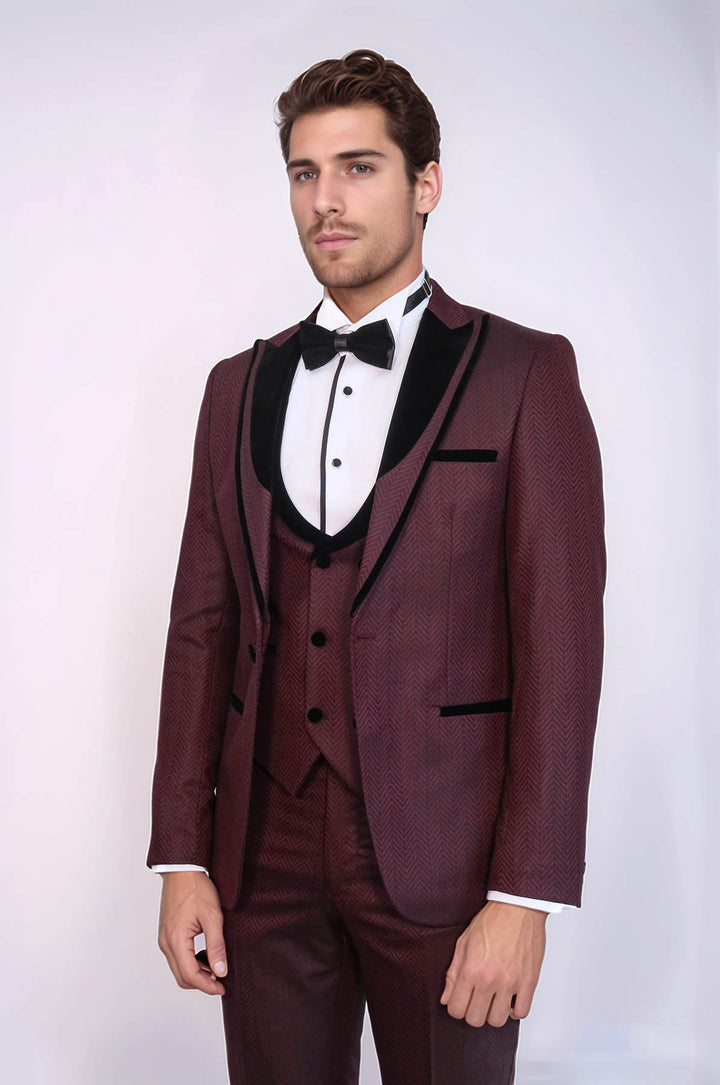 WSS Velvet Lapel Patterned Vested Burgundy Men Tuxedo  - Tezonapa