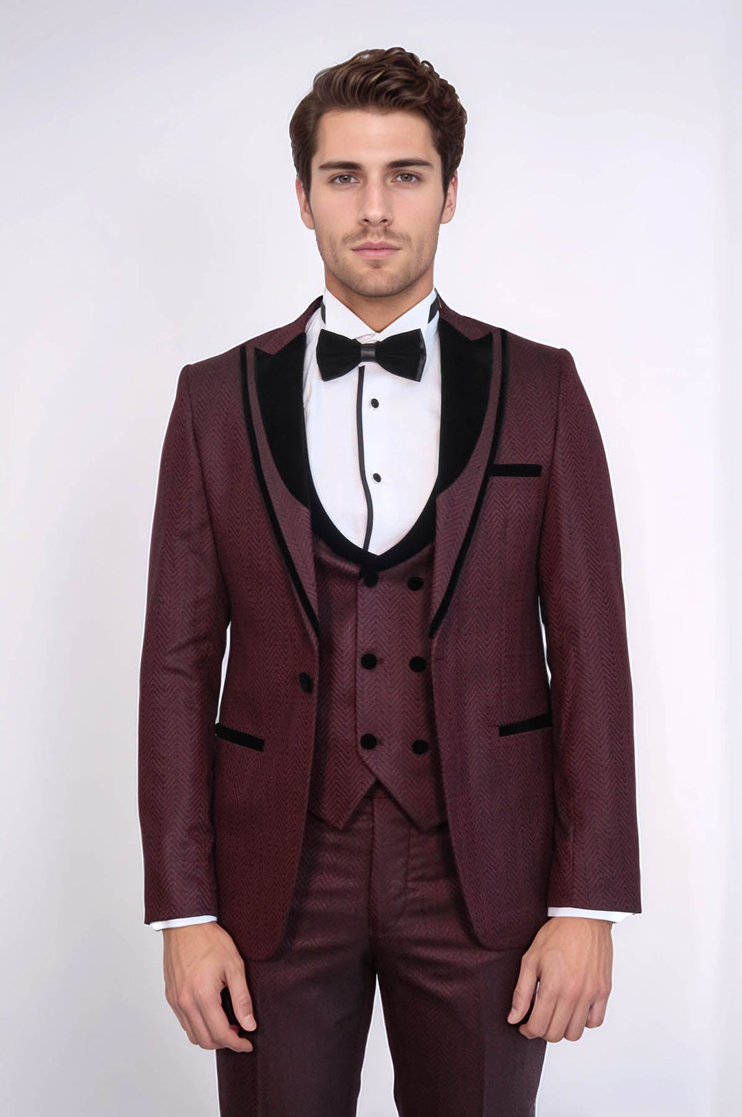 WSS Velvet Lapel Patterned Vested Burgundy Men Tuxedo  - Tezonapa