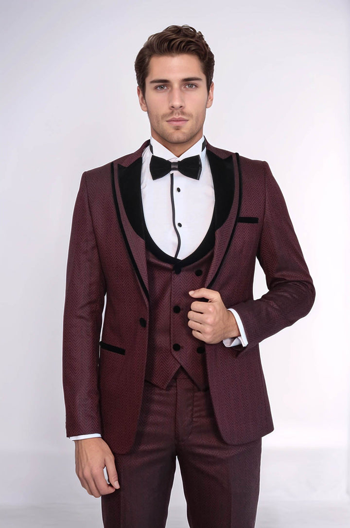 WSS Velvet Lapel Patterned Vested Burgundy Men Tuxedo  - Tezonapa