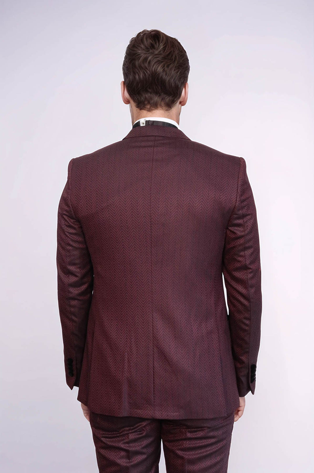 WSS Velvet Lapel Patterned Vested Burgundy Men Tuxedo  - Tezonapa
