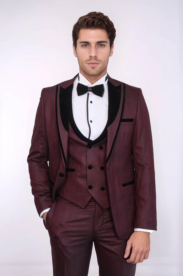 WSS Velvet Lapel Patterned Vested Burgundy Men Tuxedo  - Tezonapa