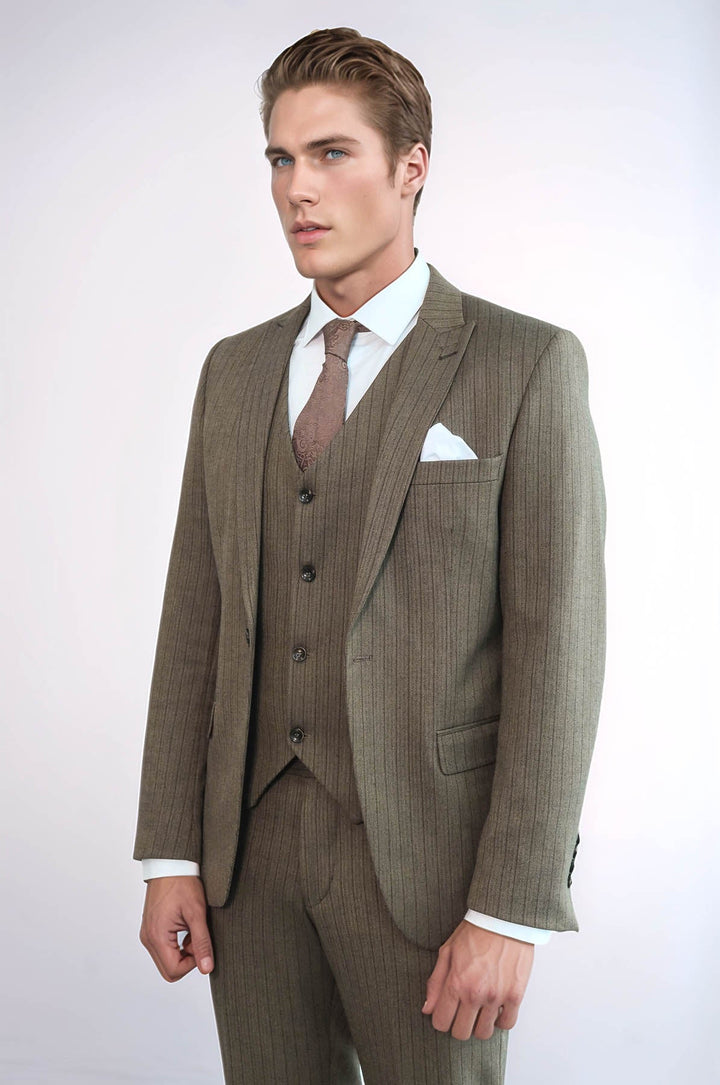 WSS Striped Slim Fit Brown Men Suit  - Comalcalco