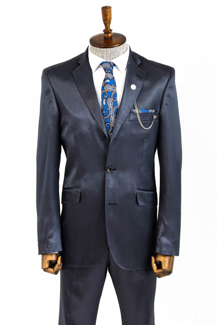 WSS Two Buttons Two Piece Slim Fit Satin Navy Blue Men Suit - McLean