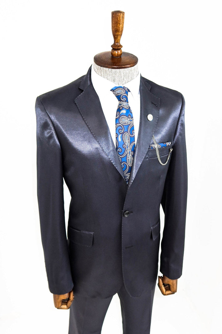 WSS Two Buttons Two Piece Slim Fit Satin Navy Blue Men Suit - McLean