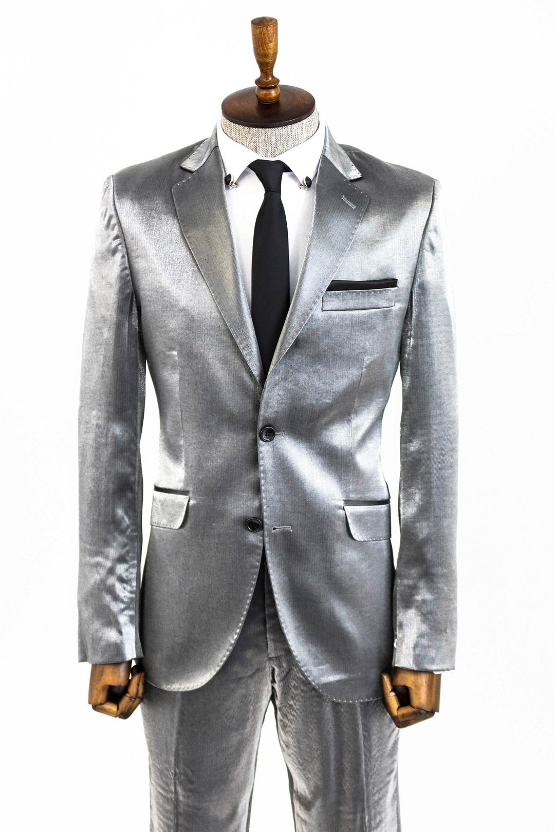 WSS Two Buttons Two Piece Slim Fit Satin Grey Men Suit - Waipahu