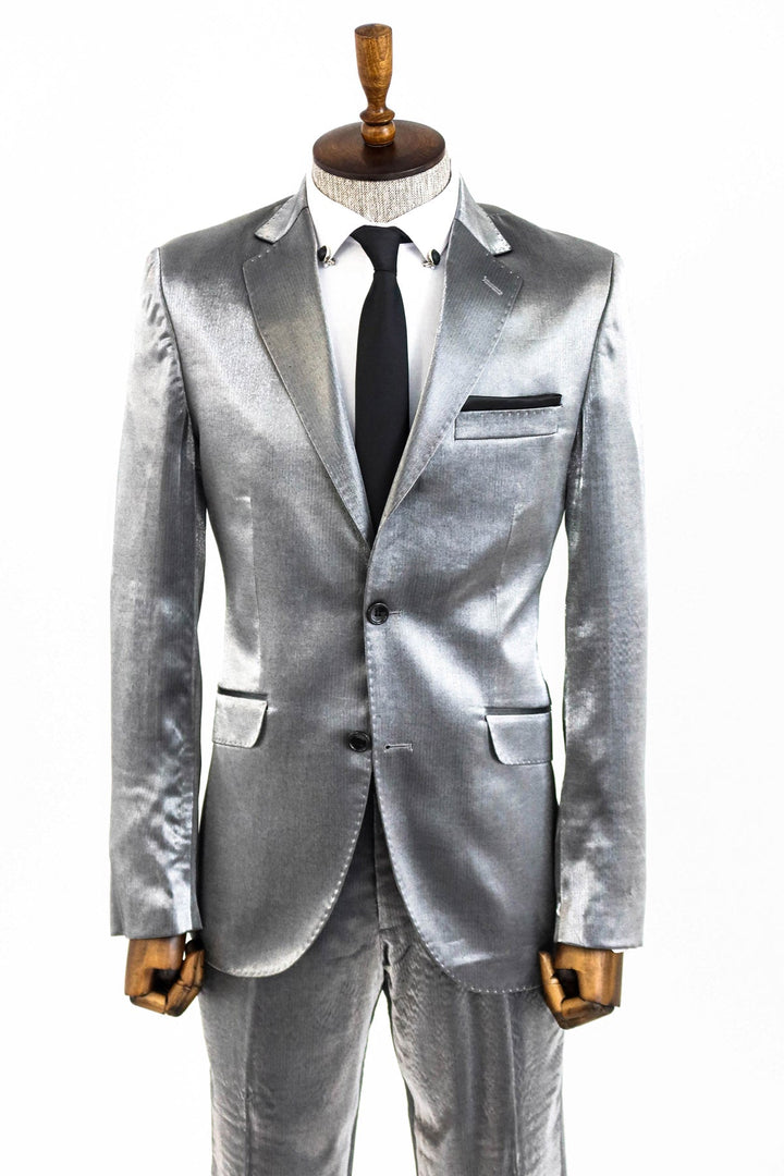 WSS Two Buttons Two Piece Slim Fit Satin Grey Men Suit - Waipahu