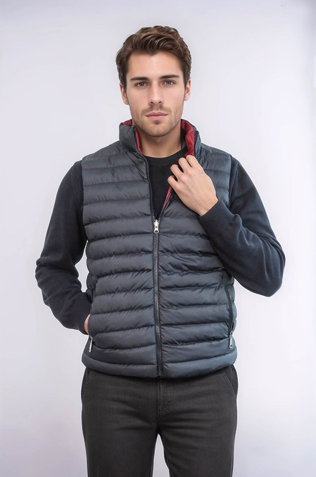 WSS Reversible Quilted Standing Collar Black Men Down Vest  - Midland