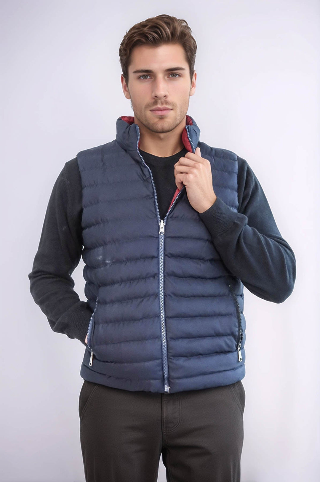 WSS Reversible Quilted Standing Collar Navy Blue Men Down Vest  - Honolulu