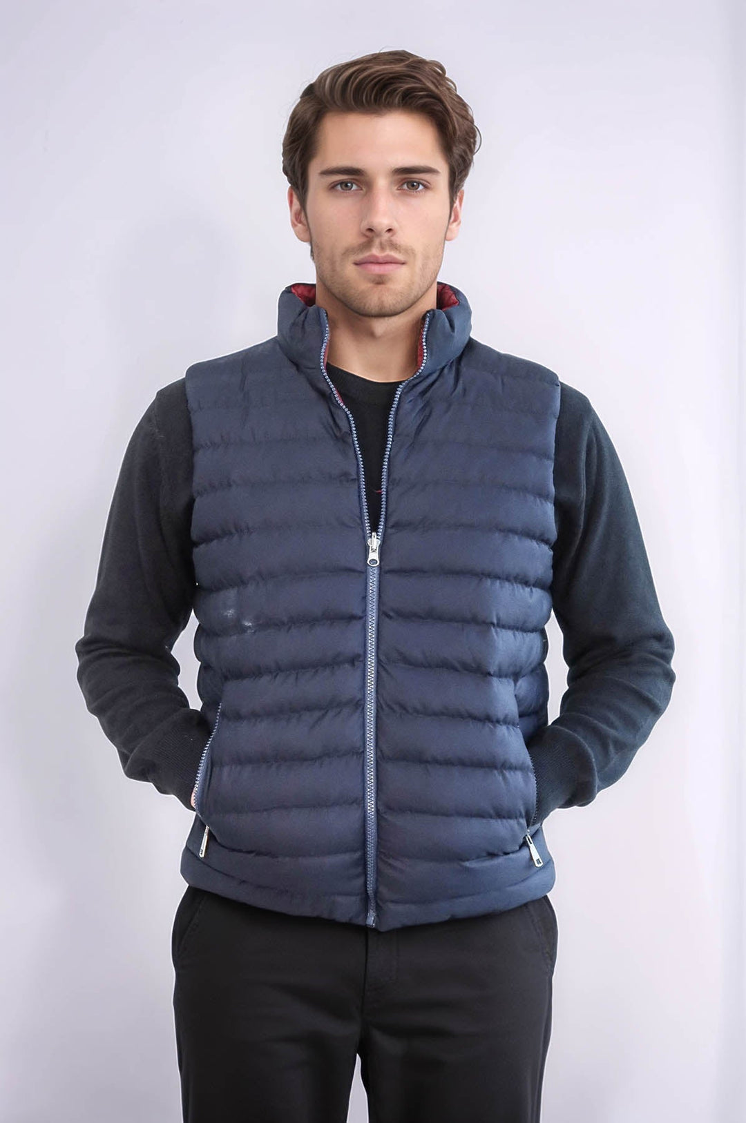 WSS Reversible Quilted Standing Collar Navy Blue Men Down Vest  - Honolulu