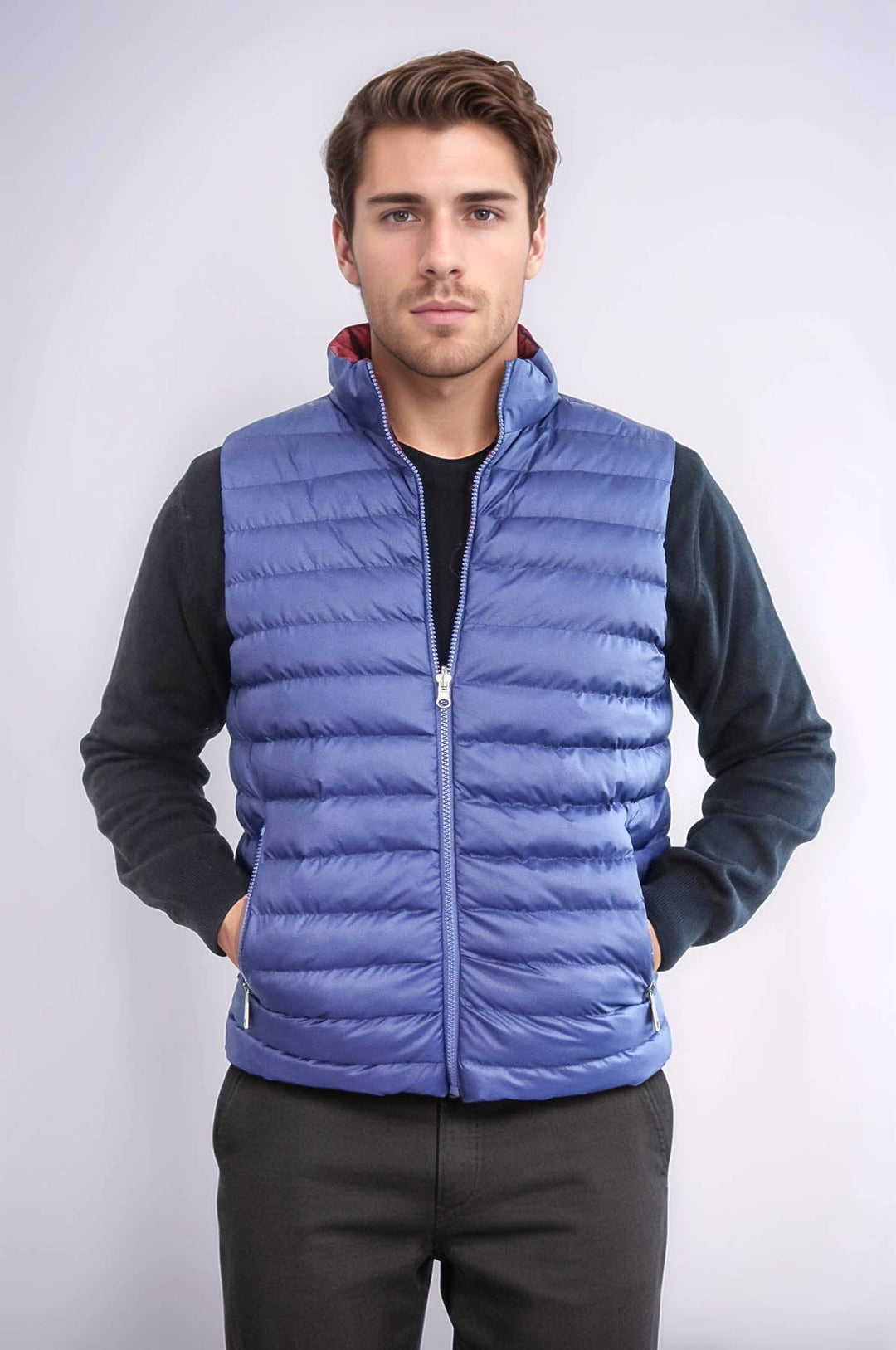 WSS Reversible Quilted Standing Collar Indigo Blue Men Down Vest  - Brandon