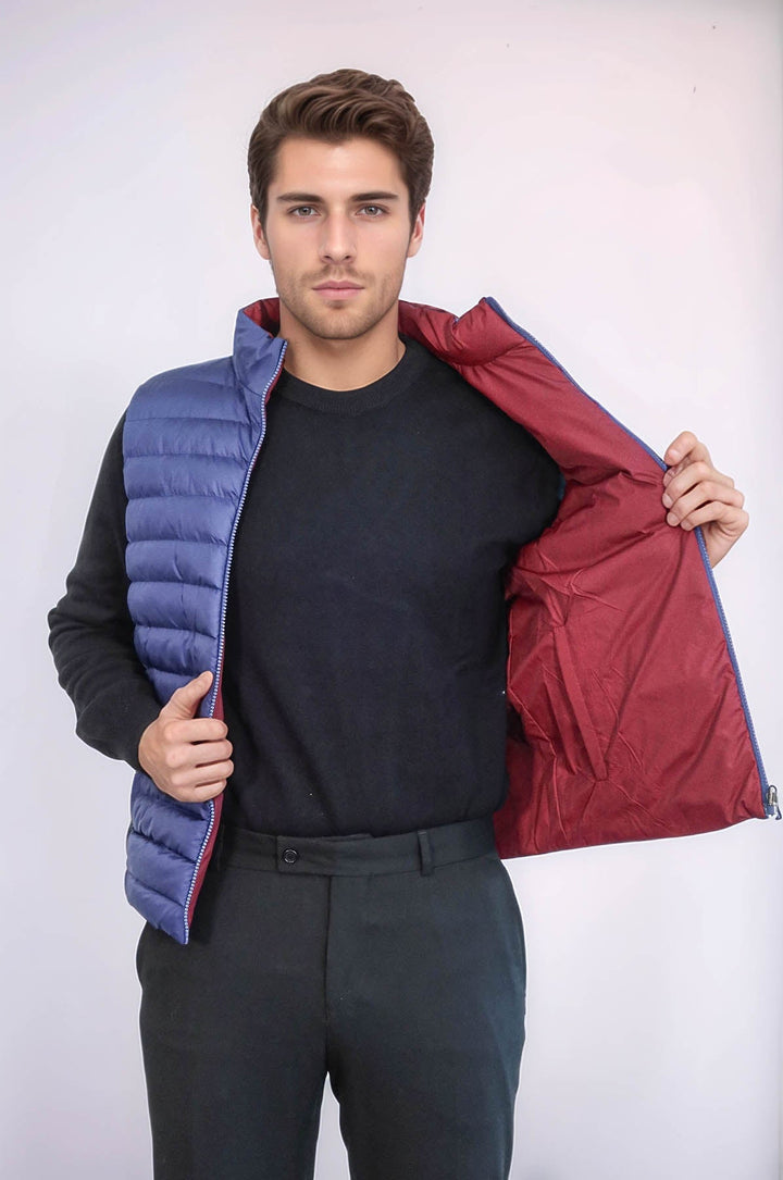 WSS Reversible Quilted Standing Collar Indigo Blue Men Down Vest  - Brandon