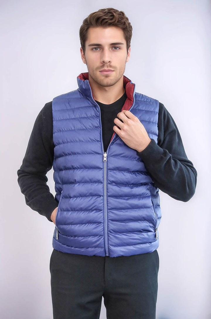 WSS Reversible Quilted Standing Collar Indigo Blue Men Down Vest  - Brandon